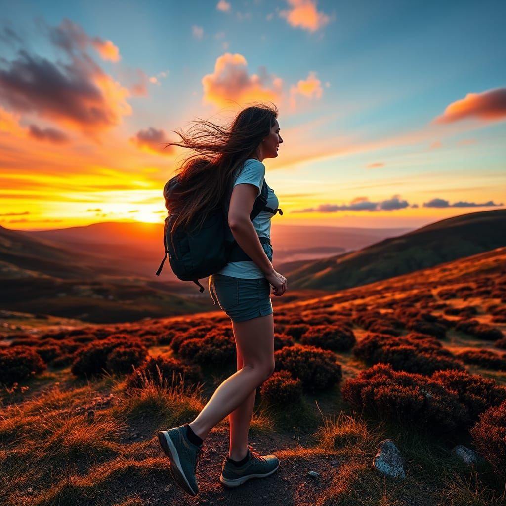 Woman Hiking in Scotland Highlands Sunset HDR Photo