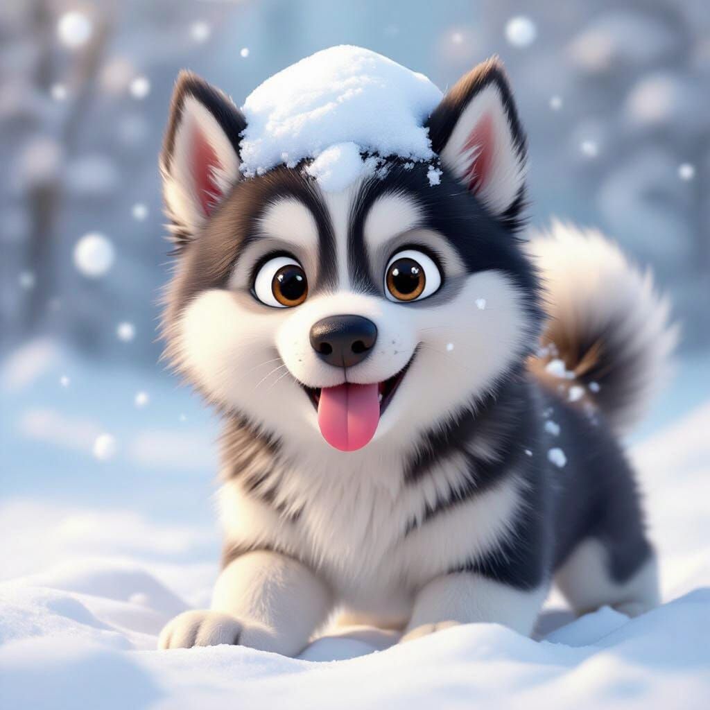Joyful Husky Puppy Plays in First Snow