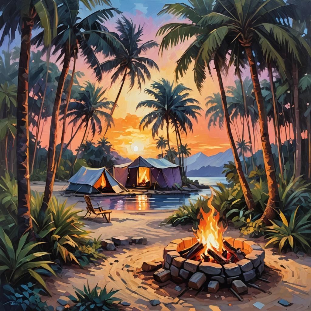 Tropical Island Campfire at Night, Impressionist Oil Paintin...