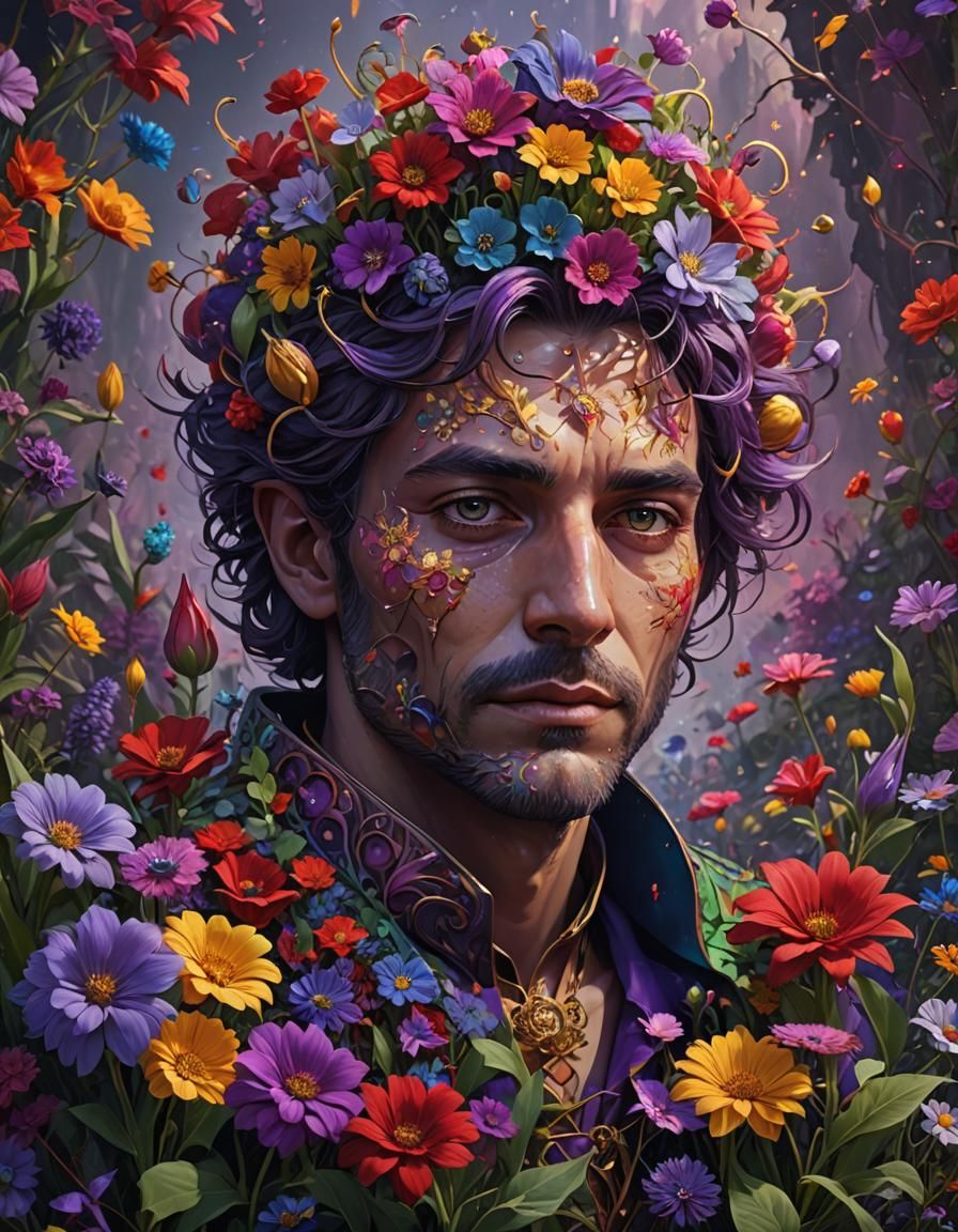 Handsome masculine man in a flowery world