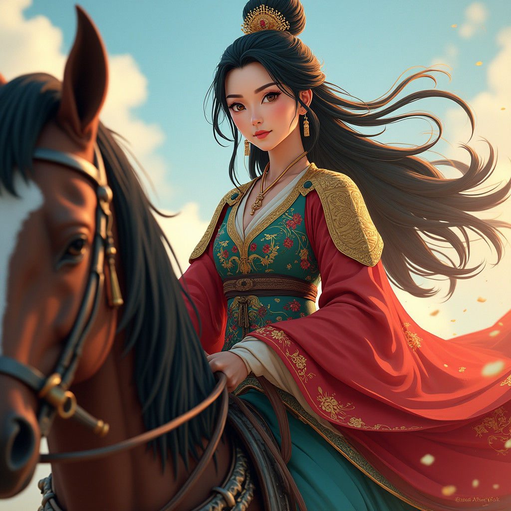 Mulan Rides Armored Horse: Art Nouveau Portrait