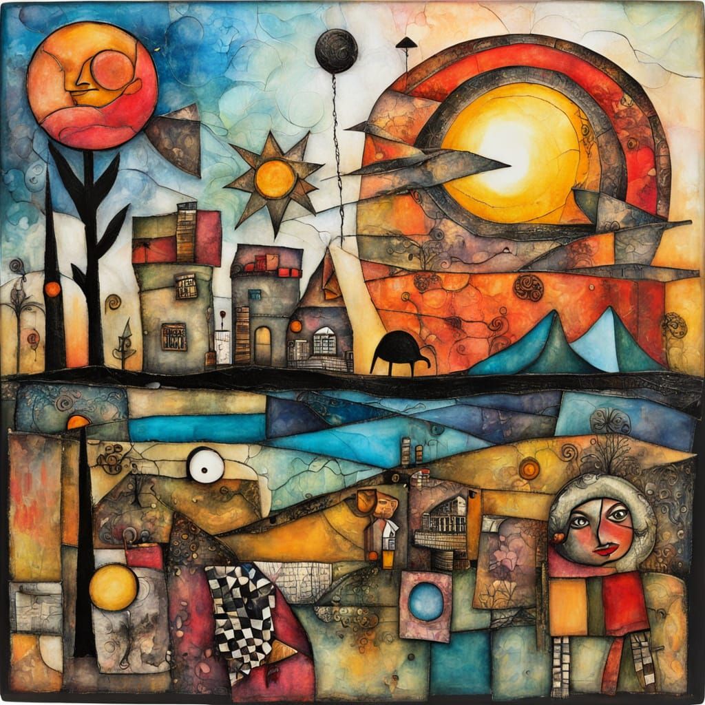 Surreal Cubist Sunset in Acrylic Wash and Mixed Media