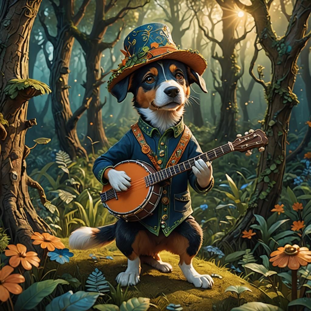 Dog Plays Banjo in Enchanted Forest