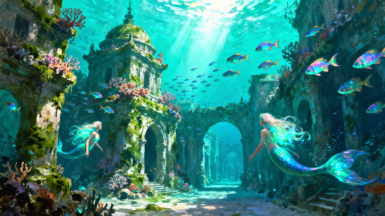 Submerged Ancient City in Turquoise Ocean Oil Painting