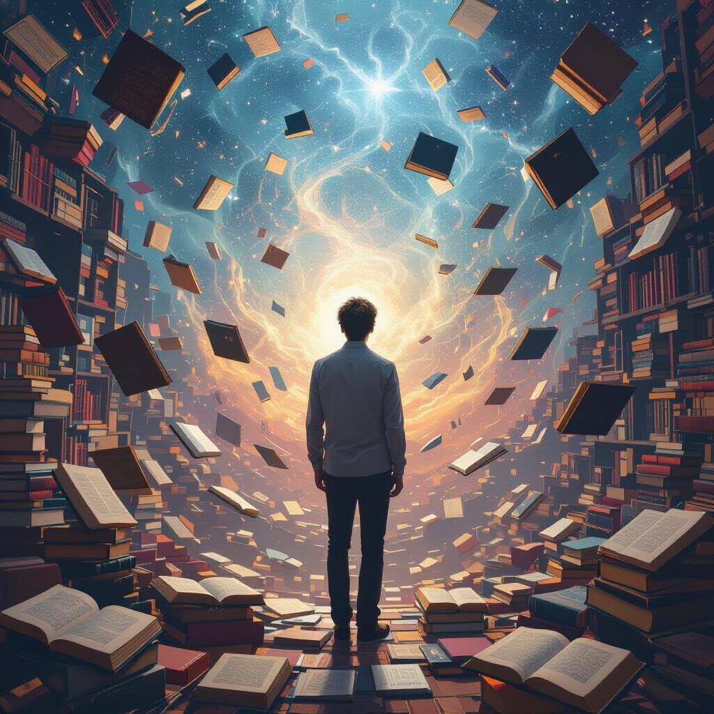 Vibrant Universe of Floating Books in Matte Painting Style