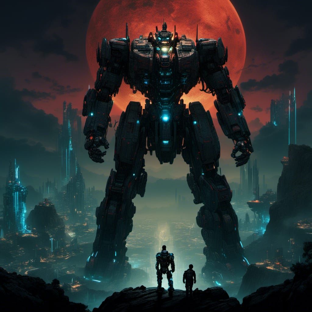Heroic Giant Robot Defending Earth in Comic Book Art