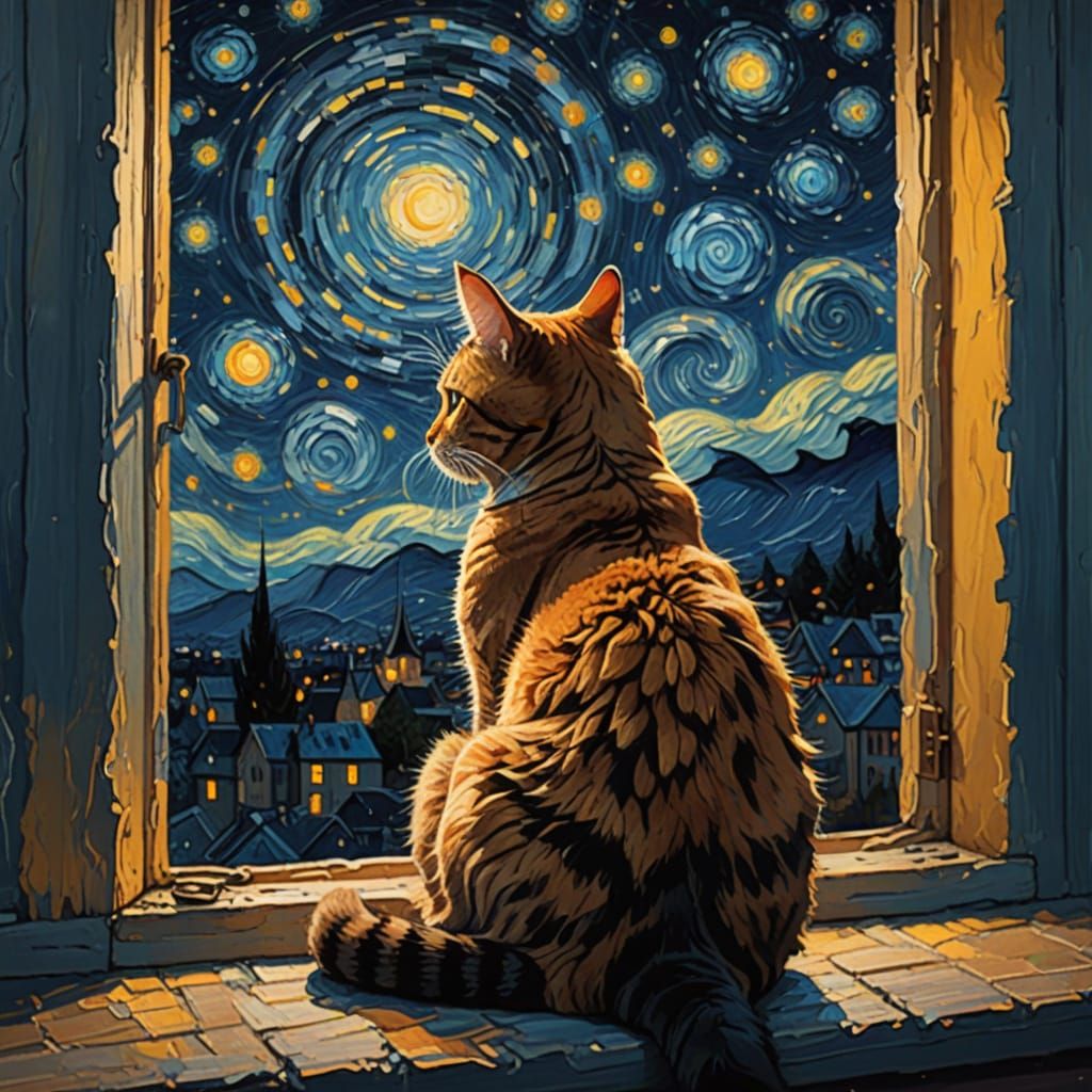 Whimsical Post-Impressionist Cat Contemplates Starry Night S...