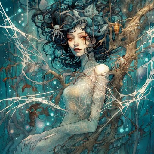 Spider Woman with Cocooned Prey in Fractal Art Style