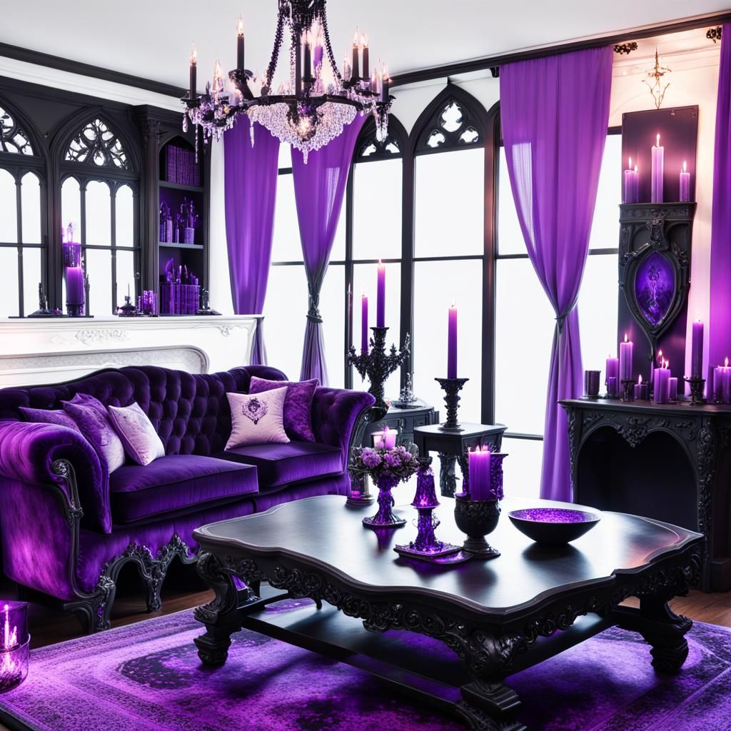 Ethereal gothic living room with black walls& black gothic windows with purple curtains& purple gothic furniture& purple...