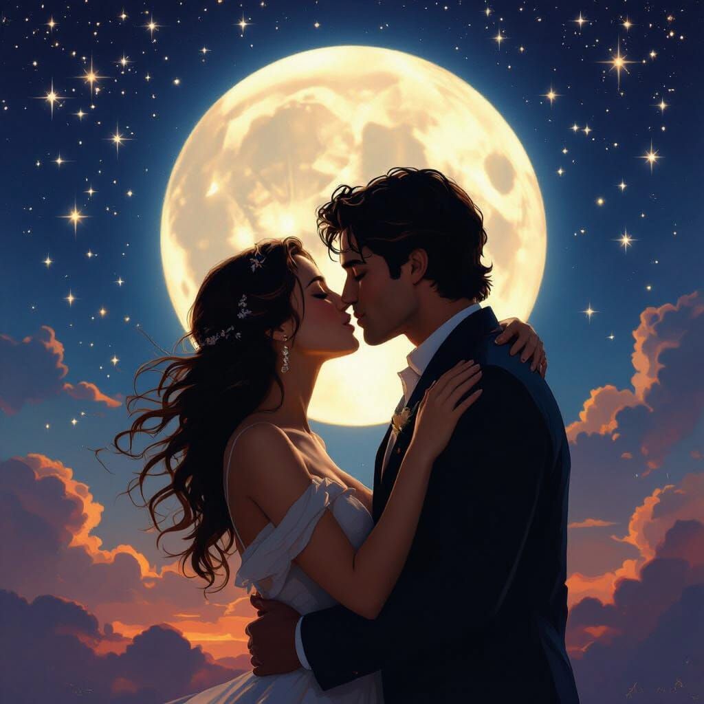 Lovers Kissing Under Luminous Full Moon Night Sky