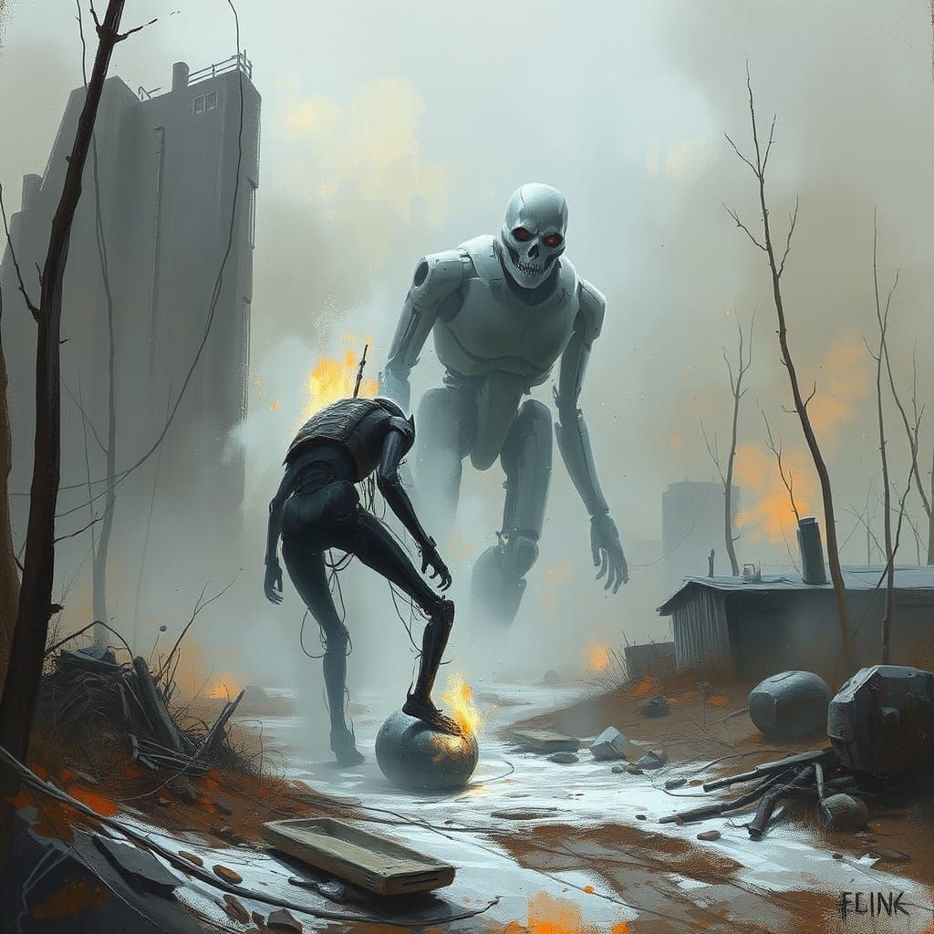 Cyberpunk Robots Flee a Futuristic Cityscape