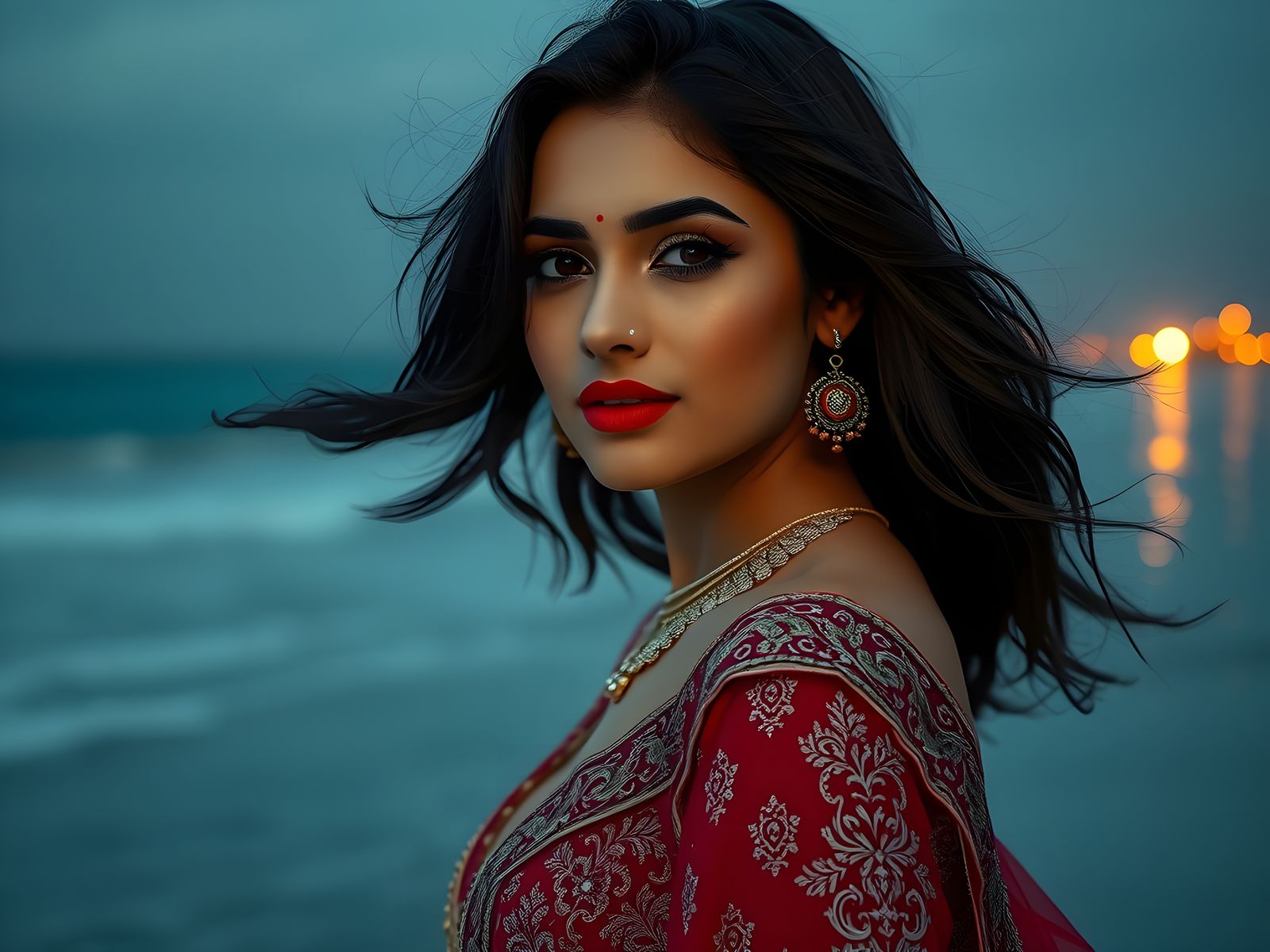 Moonlit Beach Beauty: Digital Art Portrait