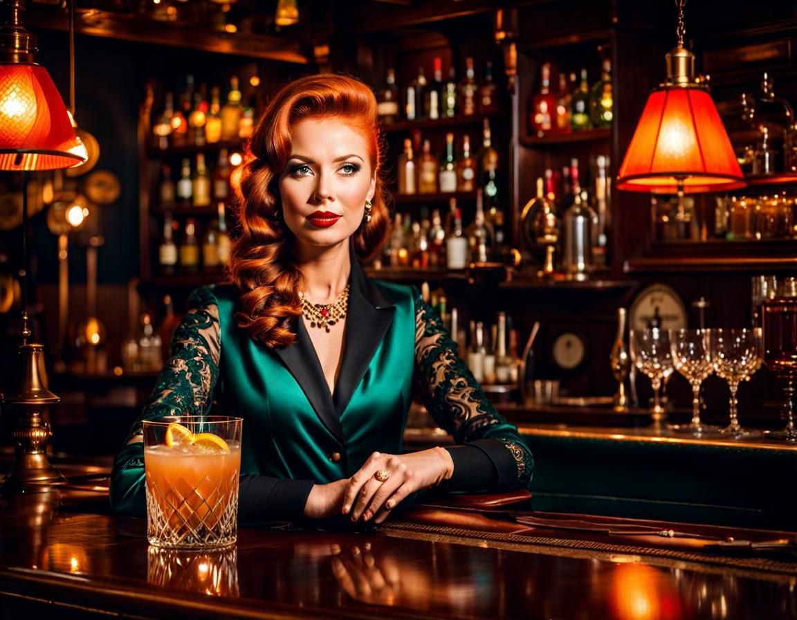 Ginger Bartender in Vintage Club with Cocktails