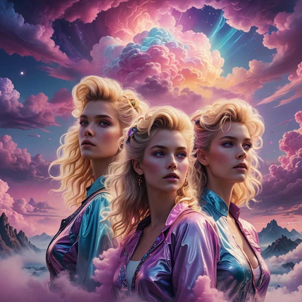 80s Pastel Fantasy Landscape with Two Ladies