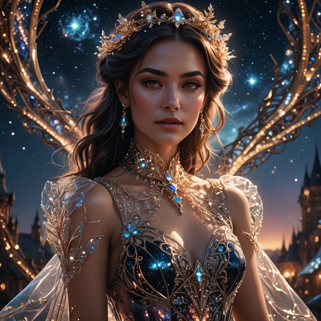 Glass Adorned Woman in Night Sky: Digital Art