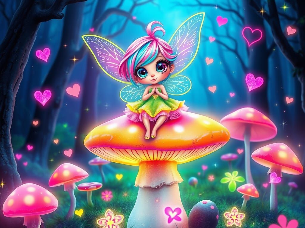 Acid Pixie Fairy on Glowing Mushroom in Neon Forest