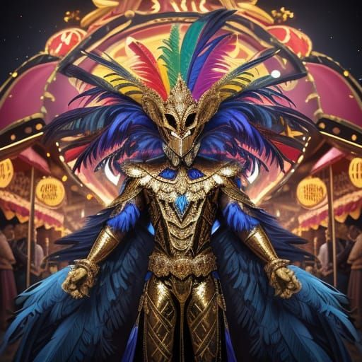 Masquerade Ball Dancer in a Vibrant Carnival Backdrop