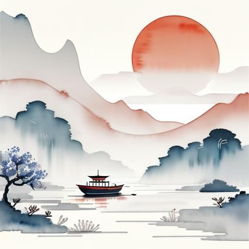 Lunar New Year: Minimalist Watercolor River Scene