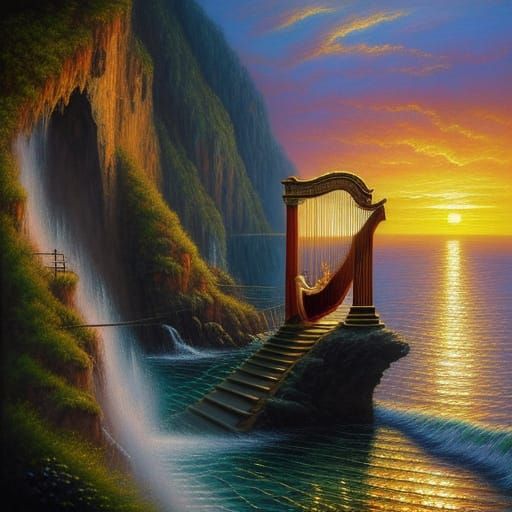 Woman Plays Harp at Sunset: Romantic Oil Painting