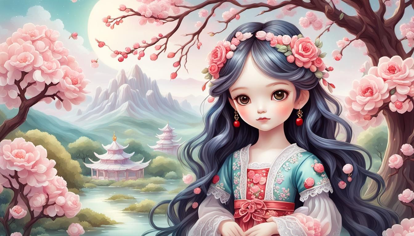 Chibi Doll in Ethereal Oriental Spring Landscape
