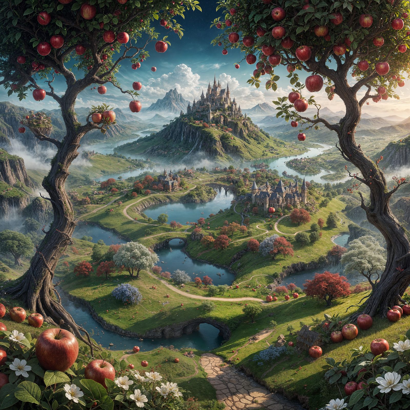 Fantastical Apple Landscape in Detailed Matte Style