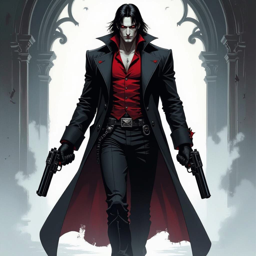 Alucard in Gothic Setting with Iconic Pistols