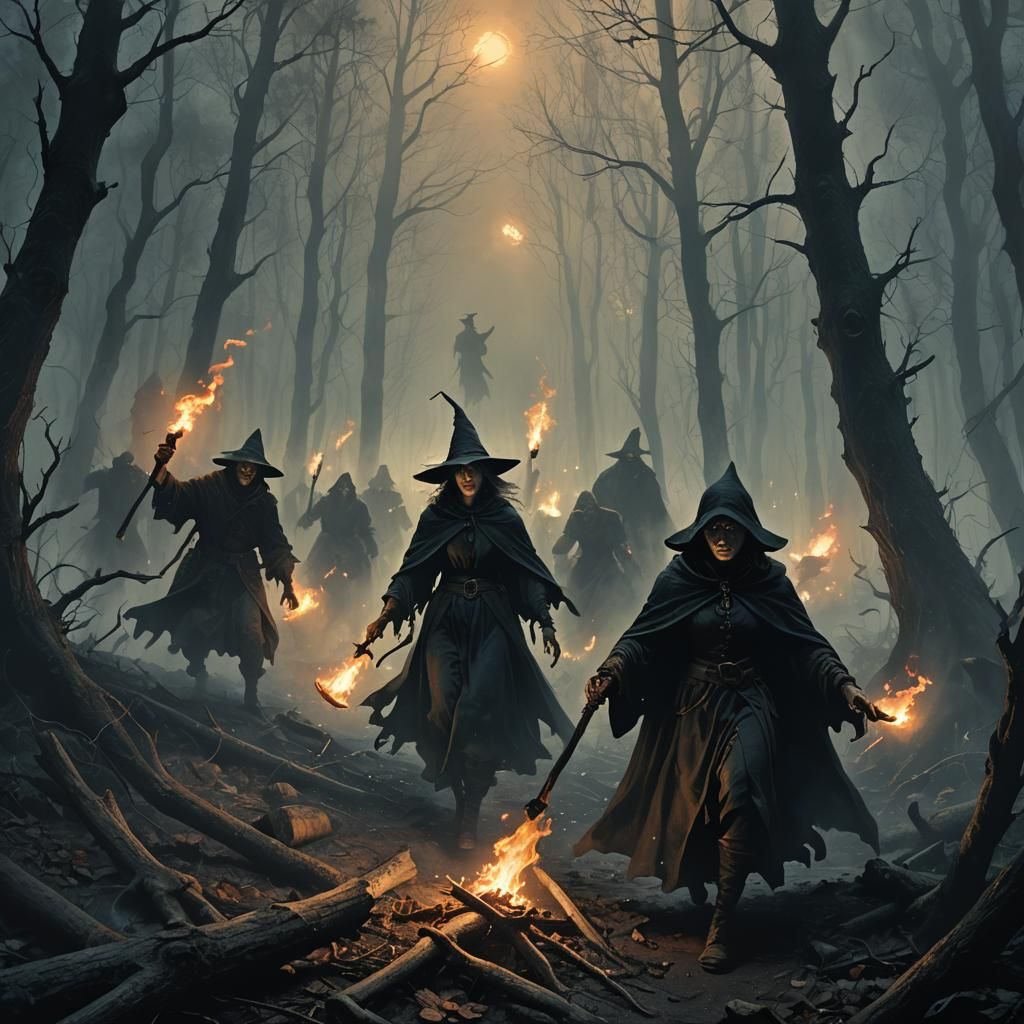 Dark Fantasy Witch Hunt in Misty Forest