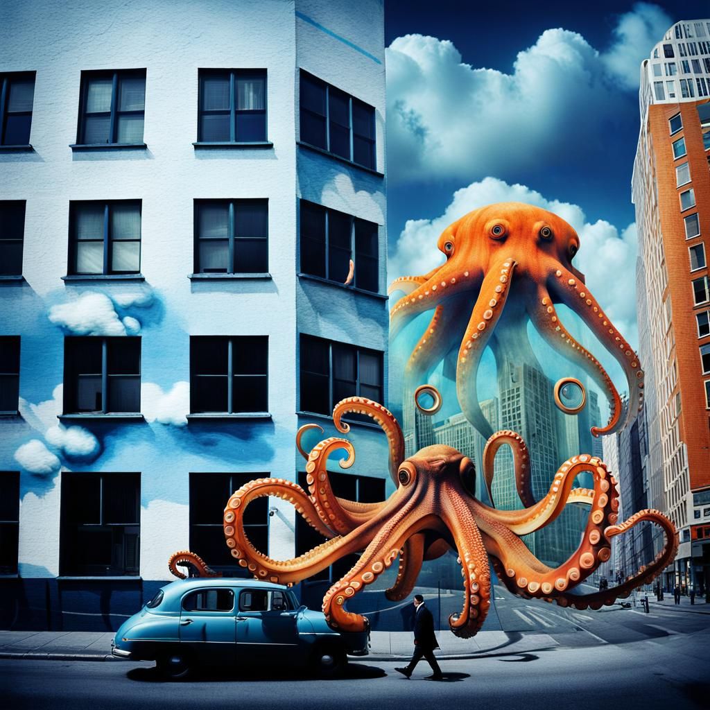 Surreal Octopus Flight Over City Street