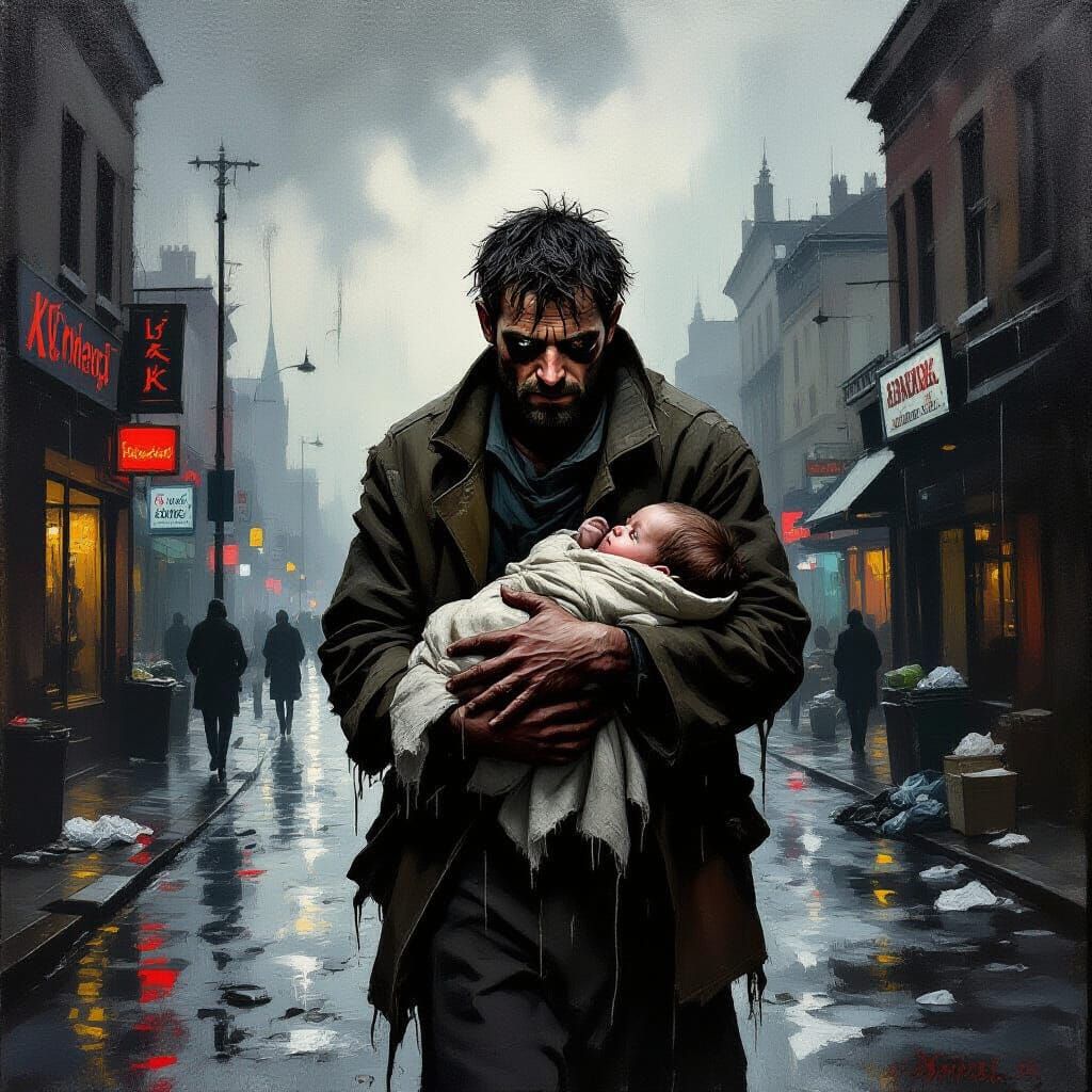 Gritty Realist Oil Painting of Man Carrying Baby in Rain