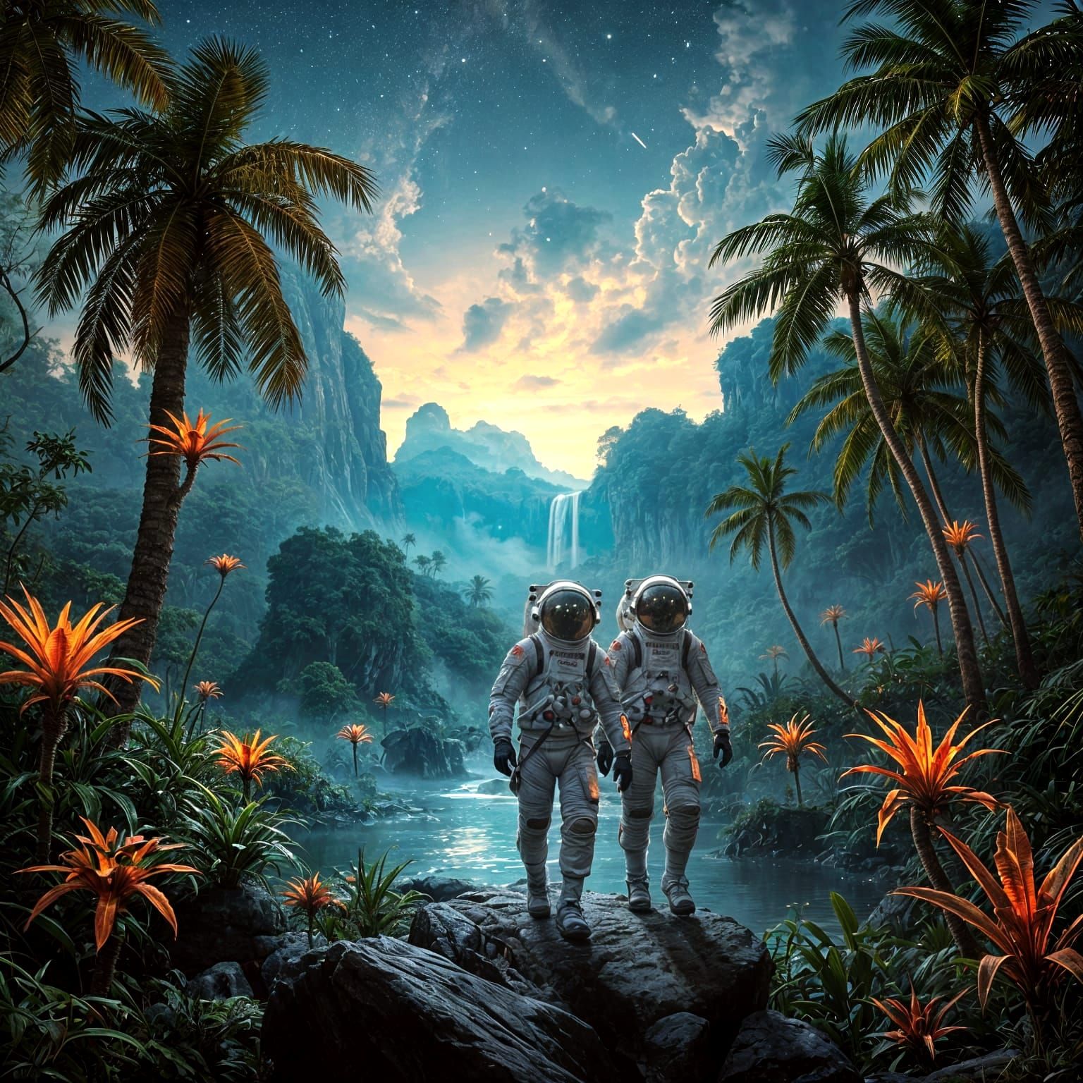 Astronauts exploring a vibrant alien jungle at twilight