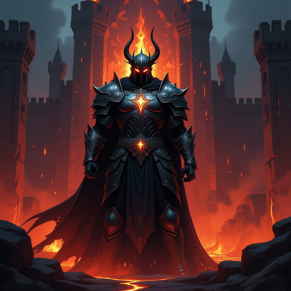 Iron King in Metal Fortress with Molten Rivers, Fantasy Fire...