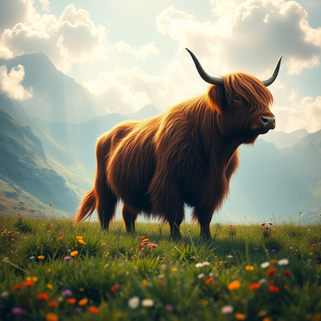 Highland Cow in Dreamy Landscape, Matte Painting