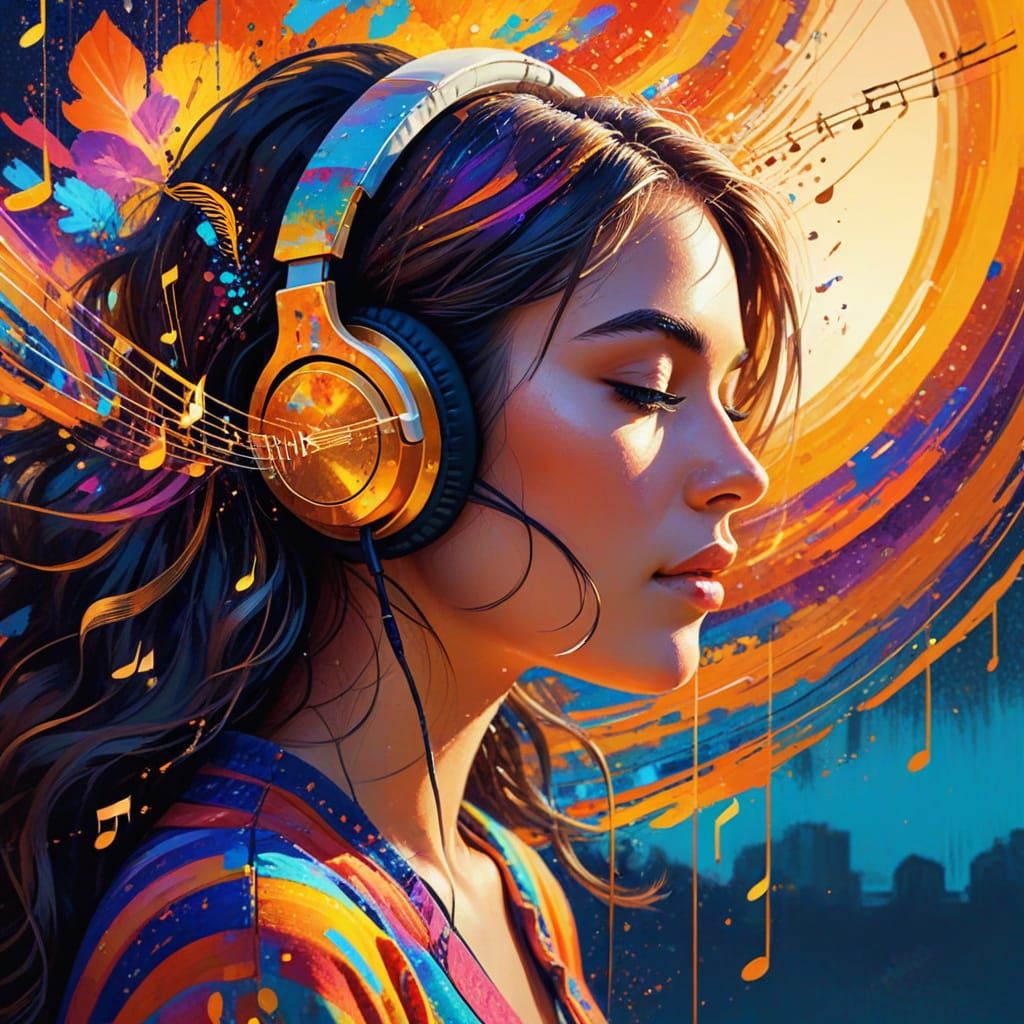 Girl in Headphones: Mixed Media Fauvist Illustration