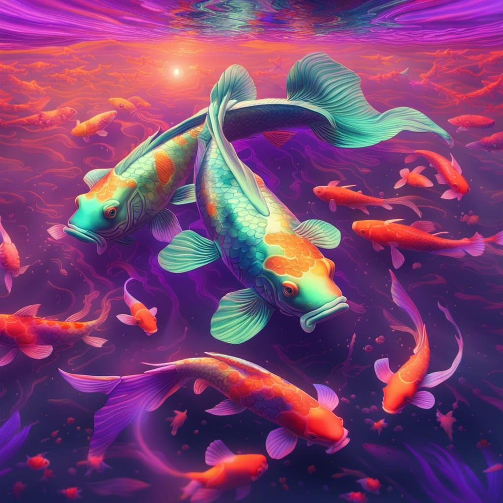 Glowing Koi Fish in Opalescent Lake: Digital Painting