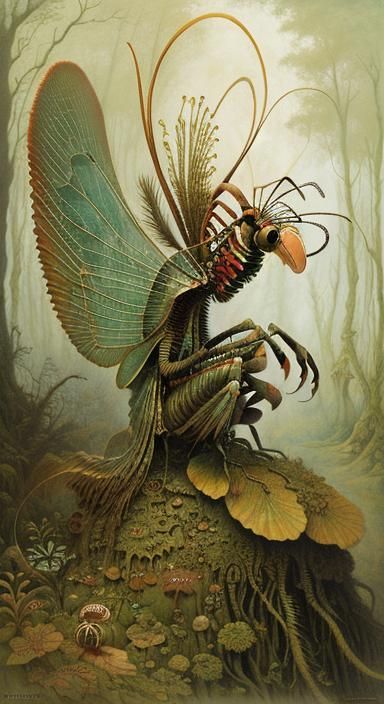 Mantis Shrimp Fairy in Avant-Garde Alien Landscape