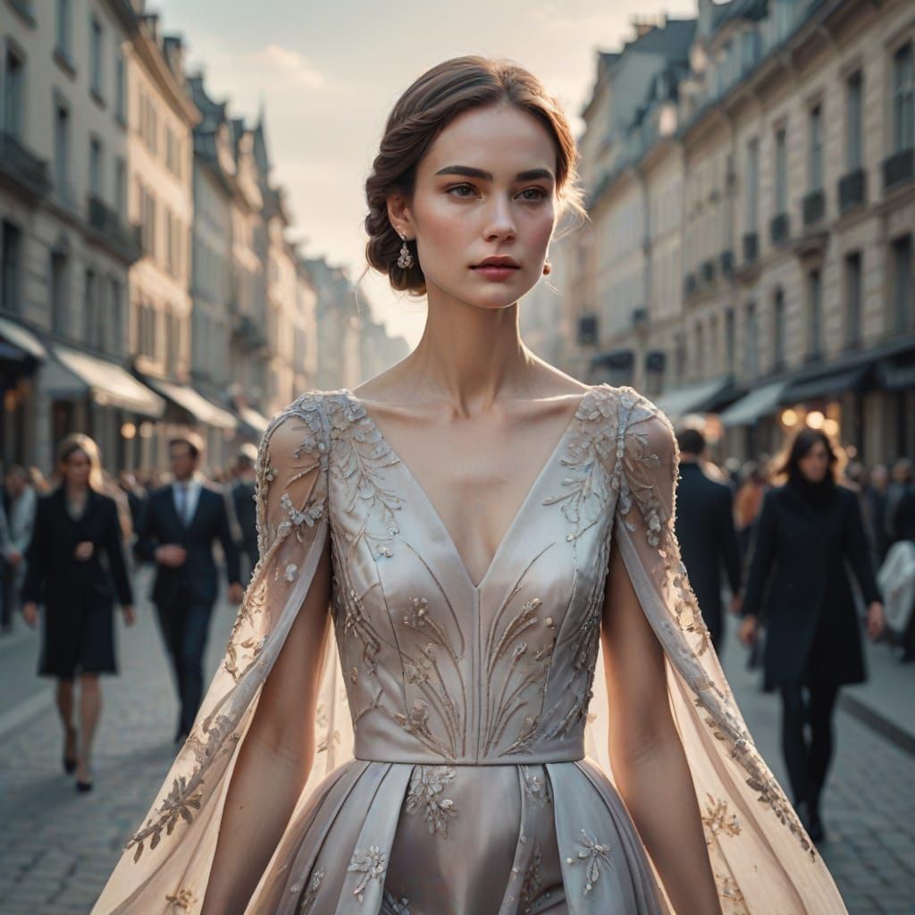Elegant Woman Walking in Haute Couture Style