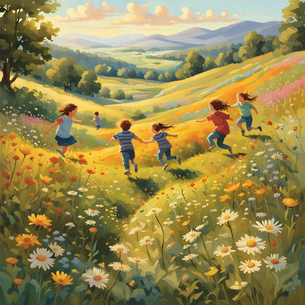 Children Playing in Sunny Meadow Landscape