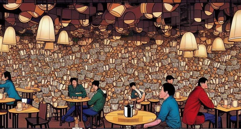 Busy Cafe Scene with Coffee Cups, Comic Book Art