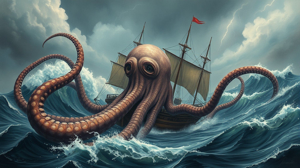 Giant Squid Attack in Japan: Hyper-Realistic Oil Painting