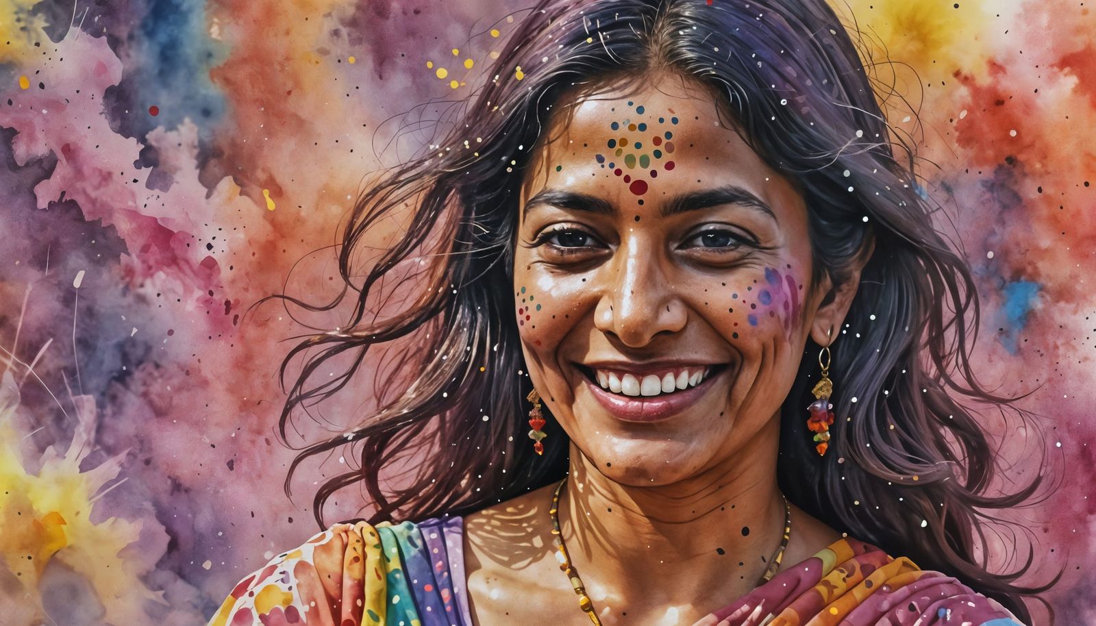 Colorful Holi Festival Portrait in Watercolor Style