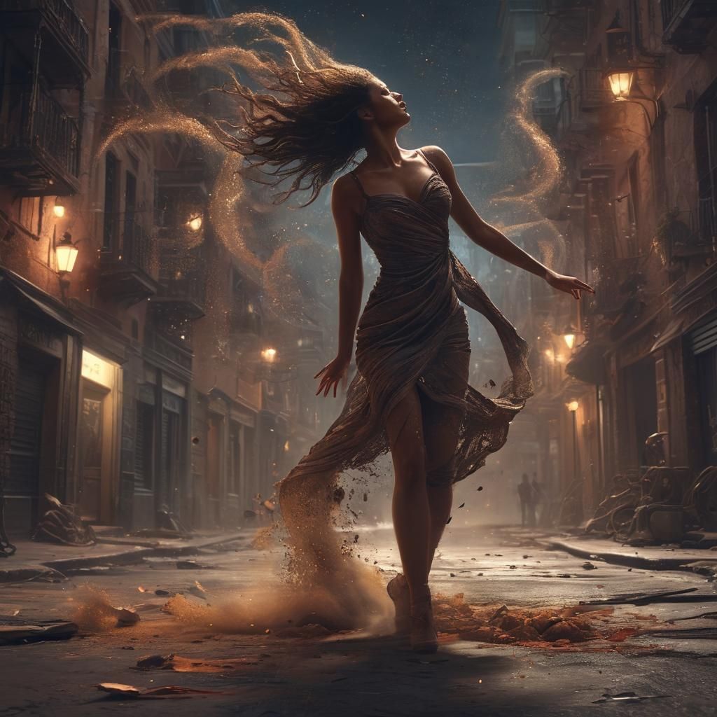 Ethereal Dust Devil Dancer in Gritty Cityscape