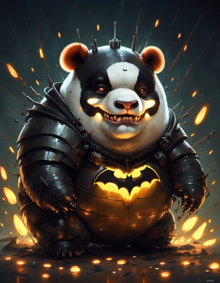Obese Batman Panda Portrait in Glowing Style