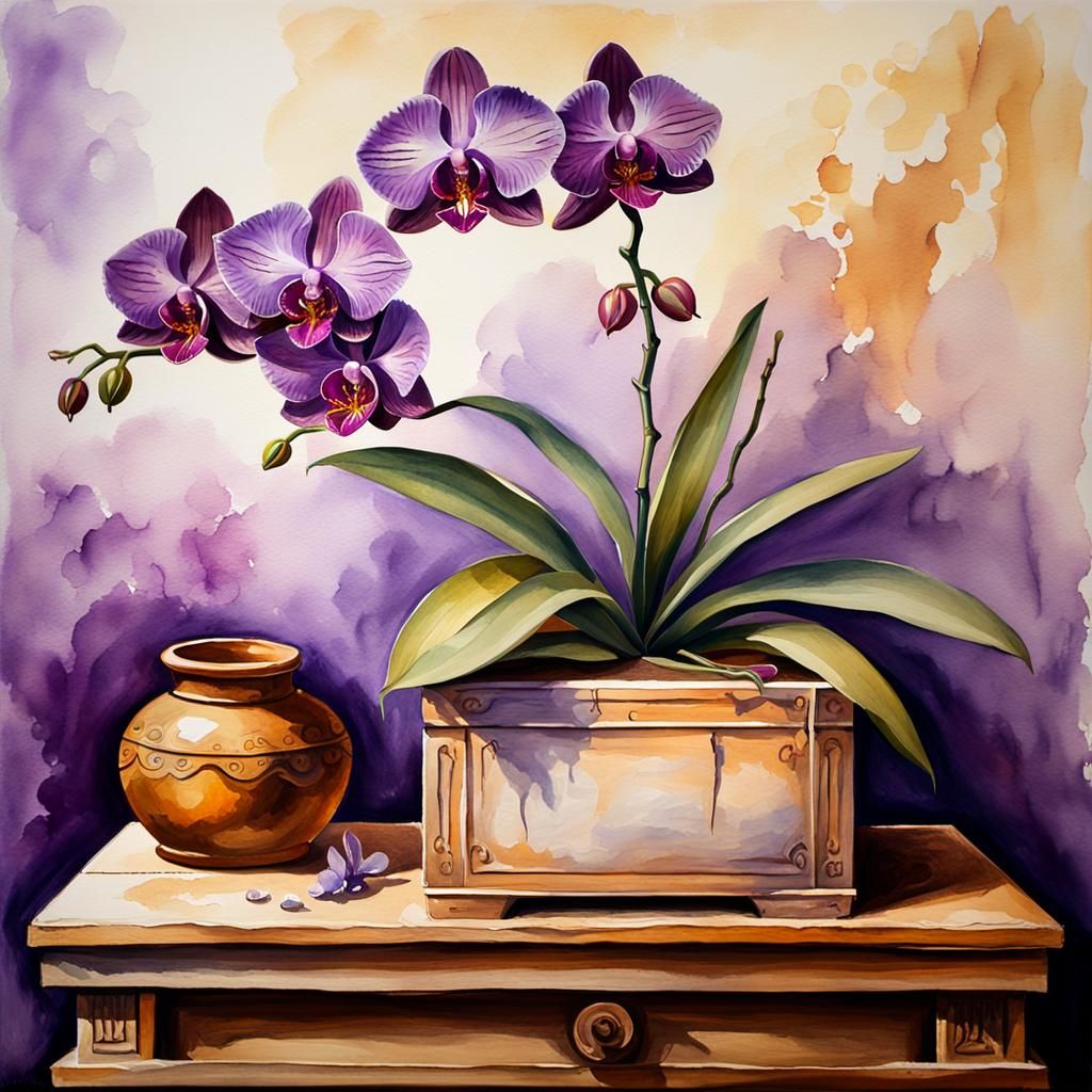 Purple Orchid Still Life in Watercolor Oil Painting