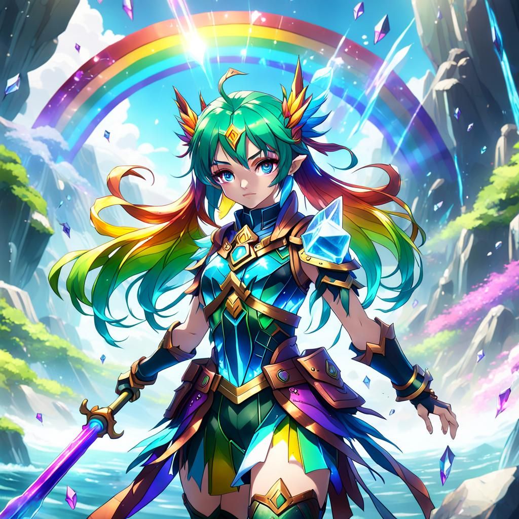 Rainbow Crystal Warrior Girl in Anime Style