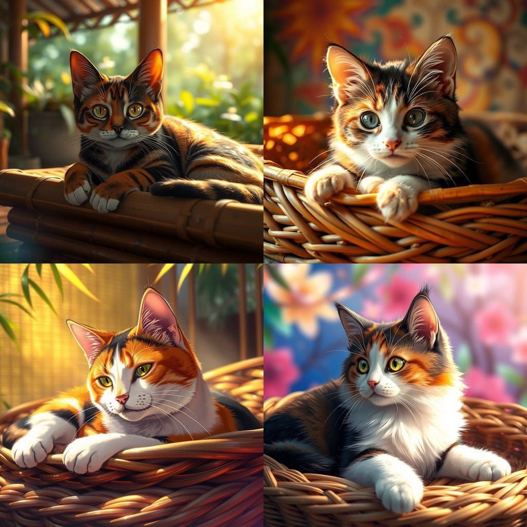 Vibrant Calico Cat Basks in Bamboo Sanctuary