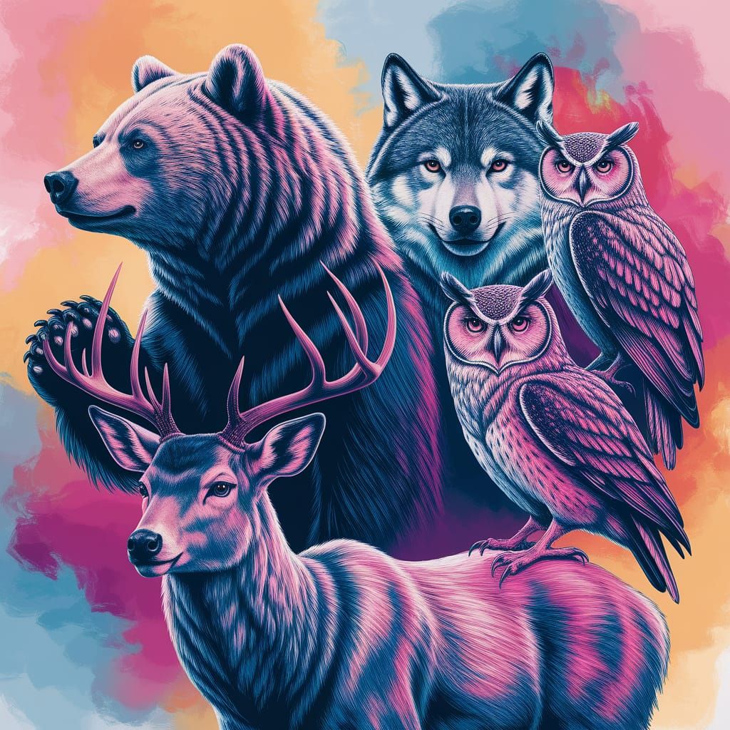 Vibrant Double Exposure Painting of Interconnected Wildlife