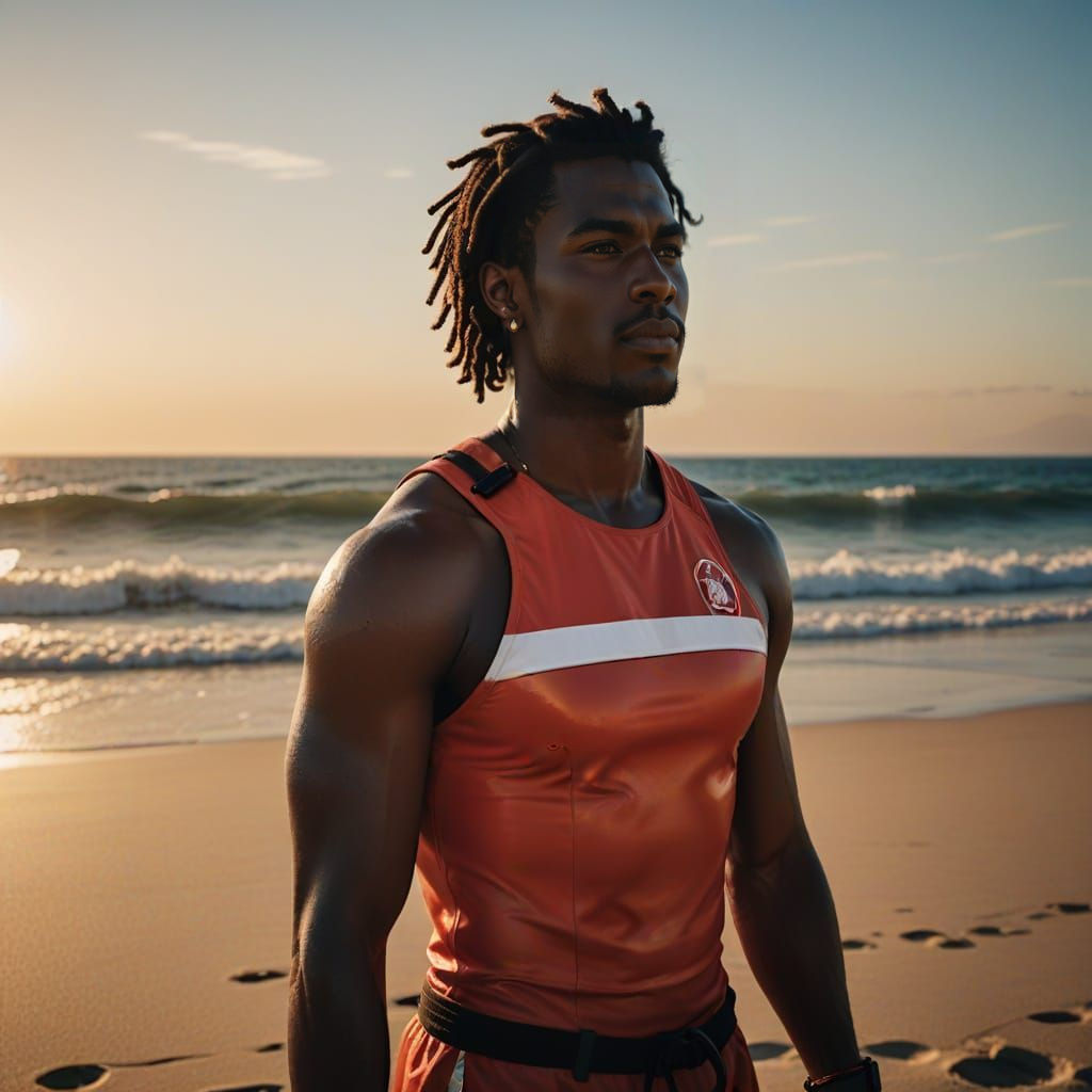 Strong Black Lifeguard Confidently Standing on Beach
