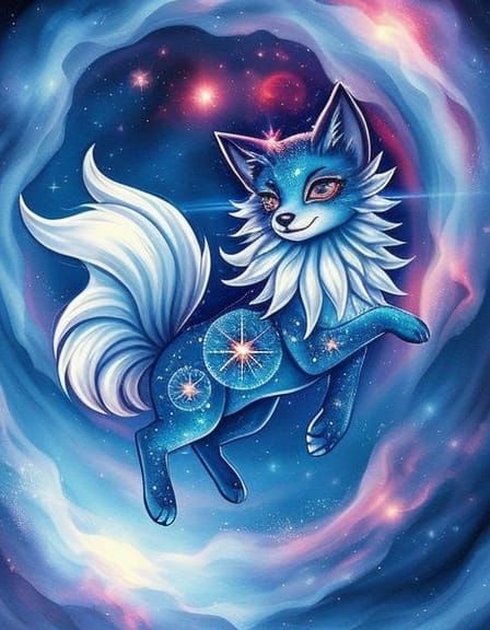 Cosmic Kitsune Emerges from Nebula in Watercolor Style