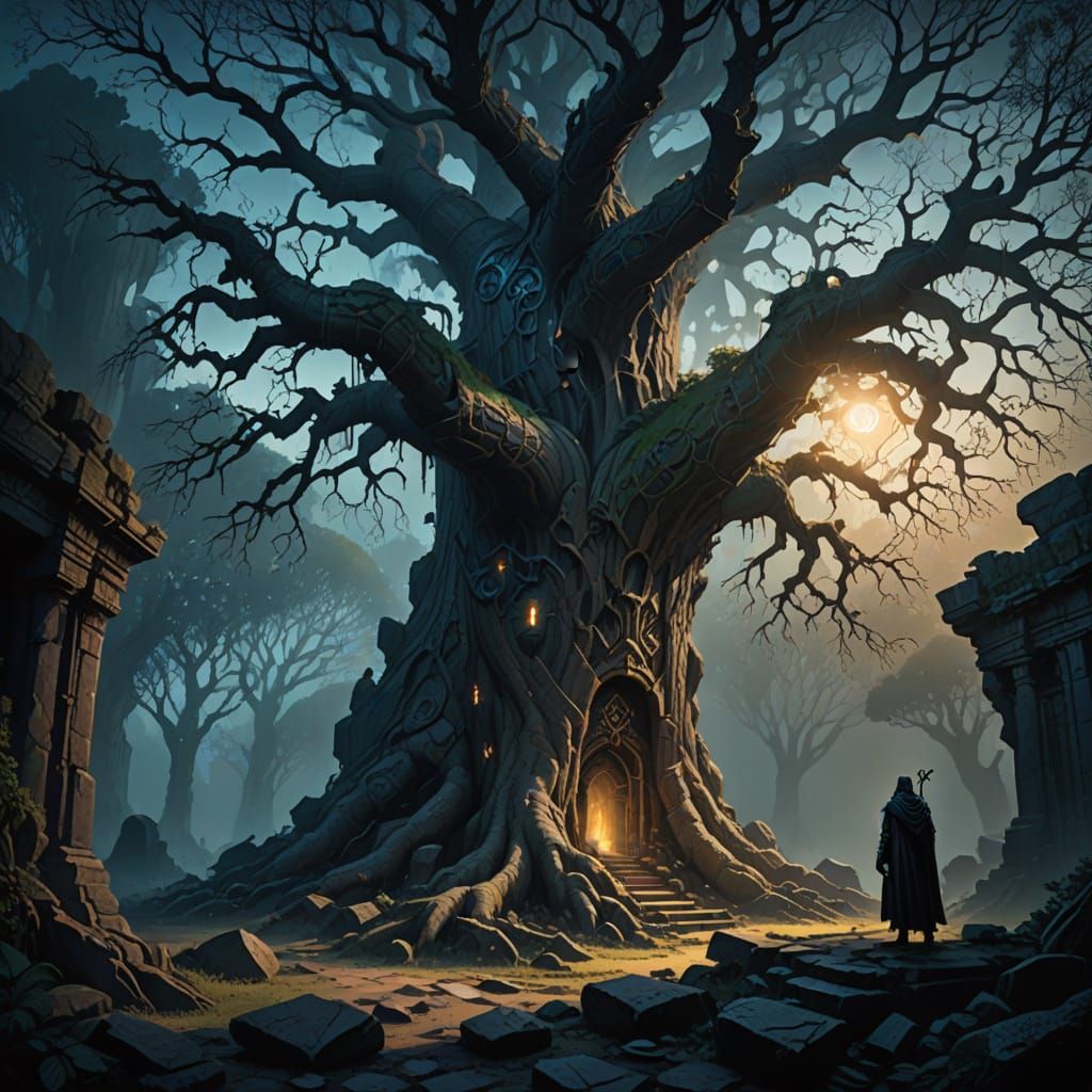 Spectral Prophet Whispers to Ancient Tree in Dark Fantasy Ar...