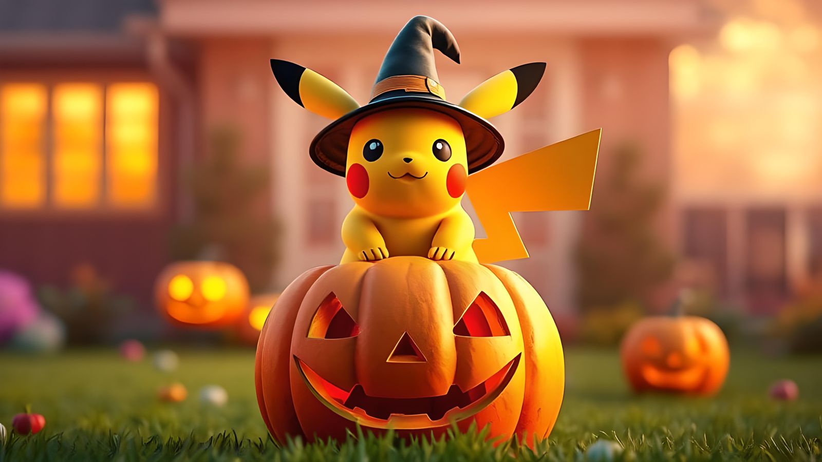 Pikachu Witch on Pumpkin: 3D Digital Art